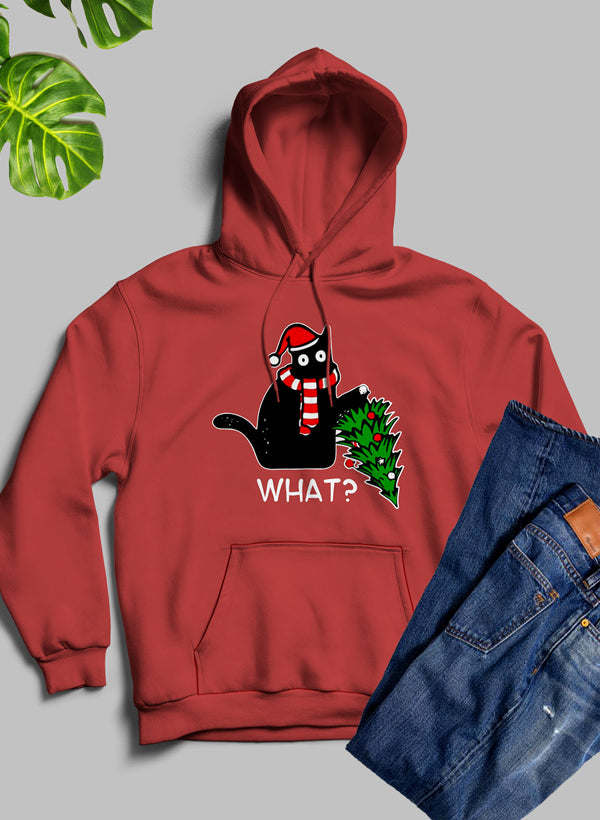 Red cat Christmas tree hoodie with hood, front pocket, and 'WHAT?' graphic