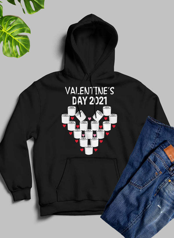 Black hoodie with front pocket and hood, “Valentines Day 2021” graphic