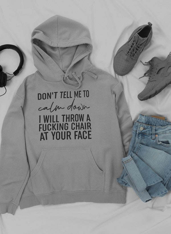 Heather gray pullover hoodie with front slogan graphic, drawstring hood and kangaroo pocket