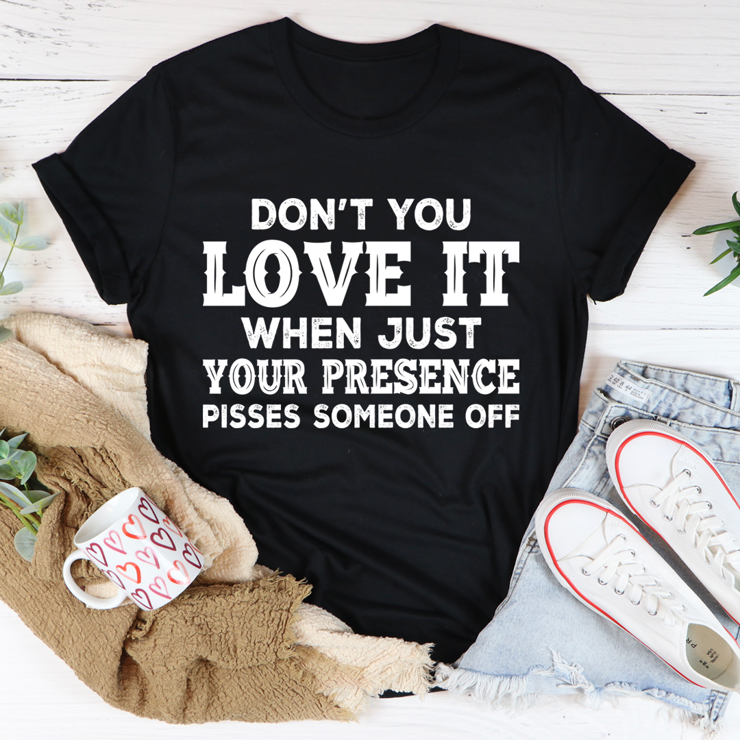 Black crewneck T-shirt with bold front text graphic