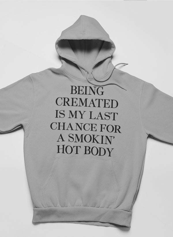Athletic heather grey pullover hoodie with hood up and front slogan graphic