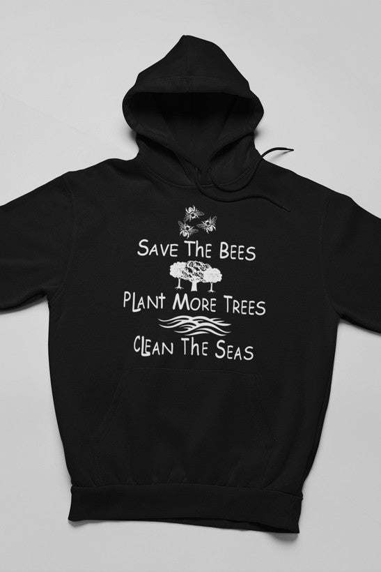 Black hoodie with “Save The Bees” slogan graphic and drawstring hood