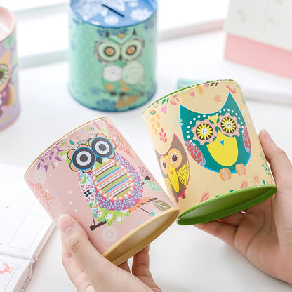 1pc Cartoon Owl Houndstooth Iron Material Round Storage Tank Money Bank
