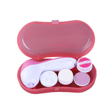 Facial cleansing scrubber storage case with pink lid and included brush pads