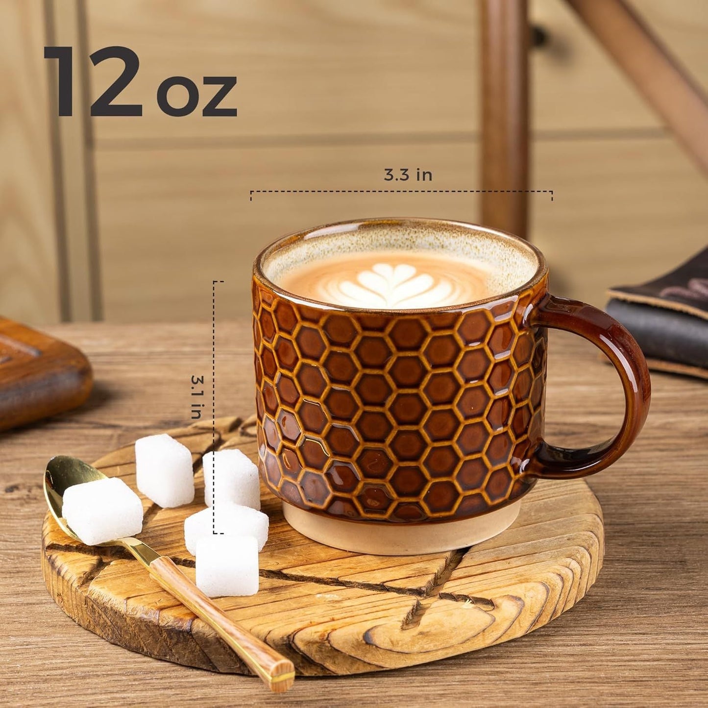 12 OZ Stackable Coffee Mugs, Ceramic Coffee Cups with Texture Patterns for Man,Woman,Dad,Mom, Modern Mugs Set of 4 for Latte/Cappuccino/Cocoa. Dishwasher&Microwave Safe