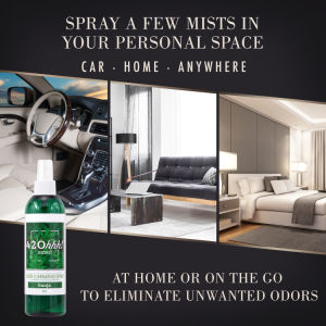Green 4.20hh odor eliminator spray bottle with white cap, “CAR • HOME • ANYWHERE” layout.