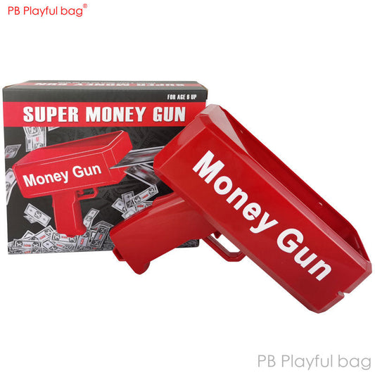 Red plastic money gun toy with packaging and printed “Money Gun” text