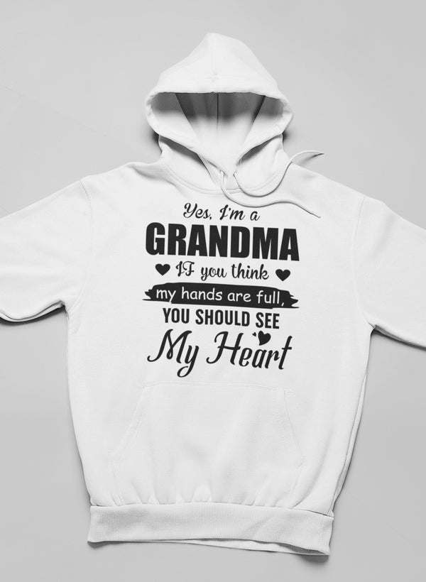 White grandma hoodie with front hood and centered "GRANDMA" heart text