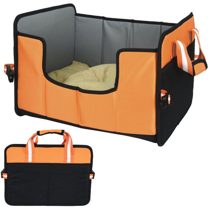 Folding travel pet bed in orange and black with gray interior and beige cushion.