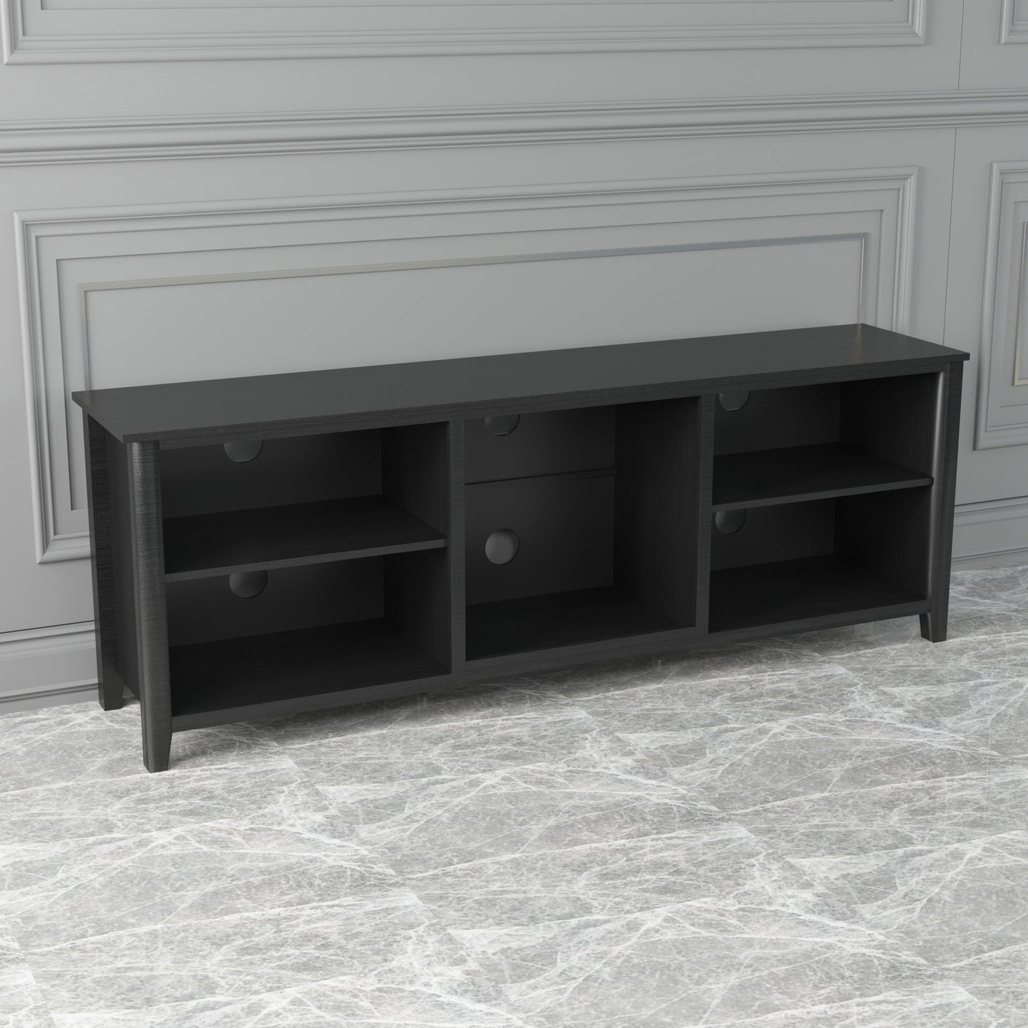 Black TV stand storage console with open compartments and drawers featuring round pulls.