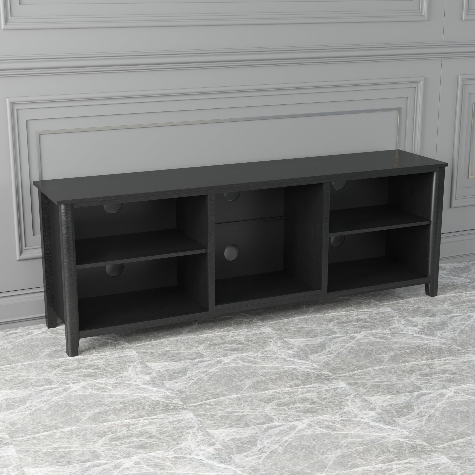Black TV stand storage console with open compartments and drawers featuring round pulls.