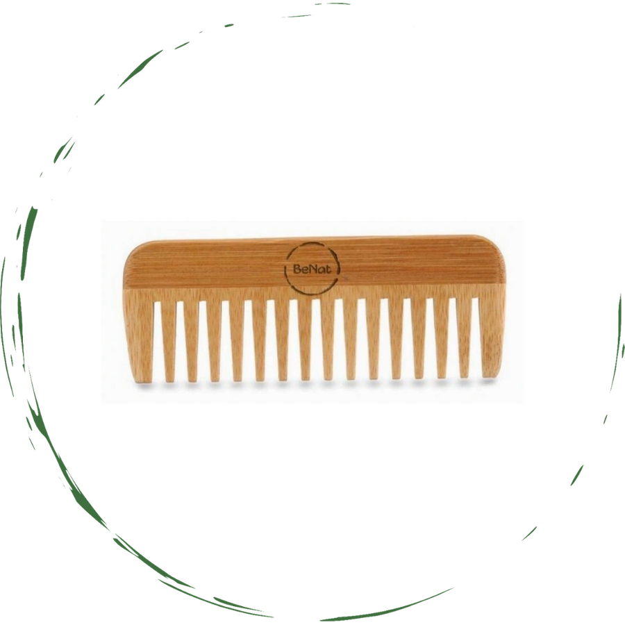 Handcrafted bamboo comb with wide teeth and rounded edges, natural brown