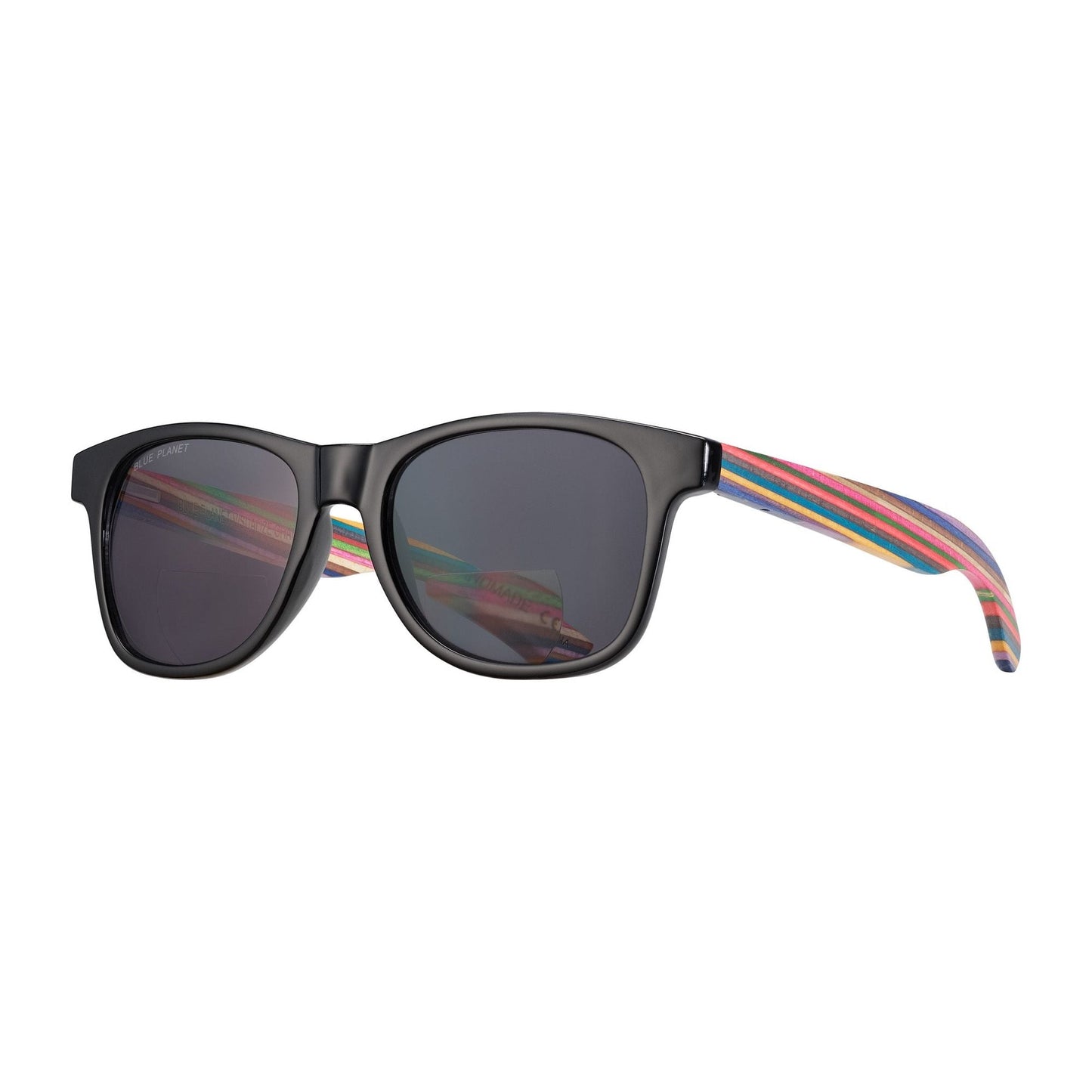 Bifocal sunglasses, dark lenses with rainbow striped arms and black frame