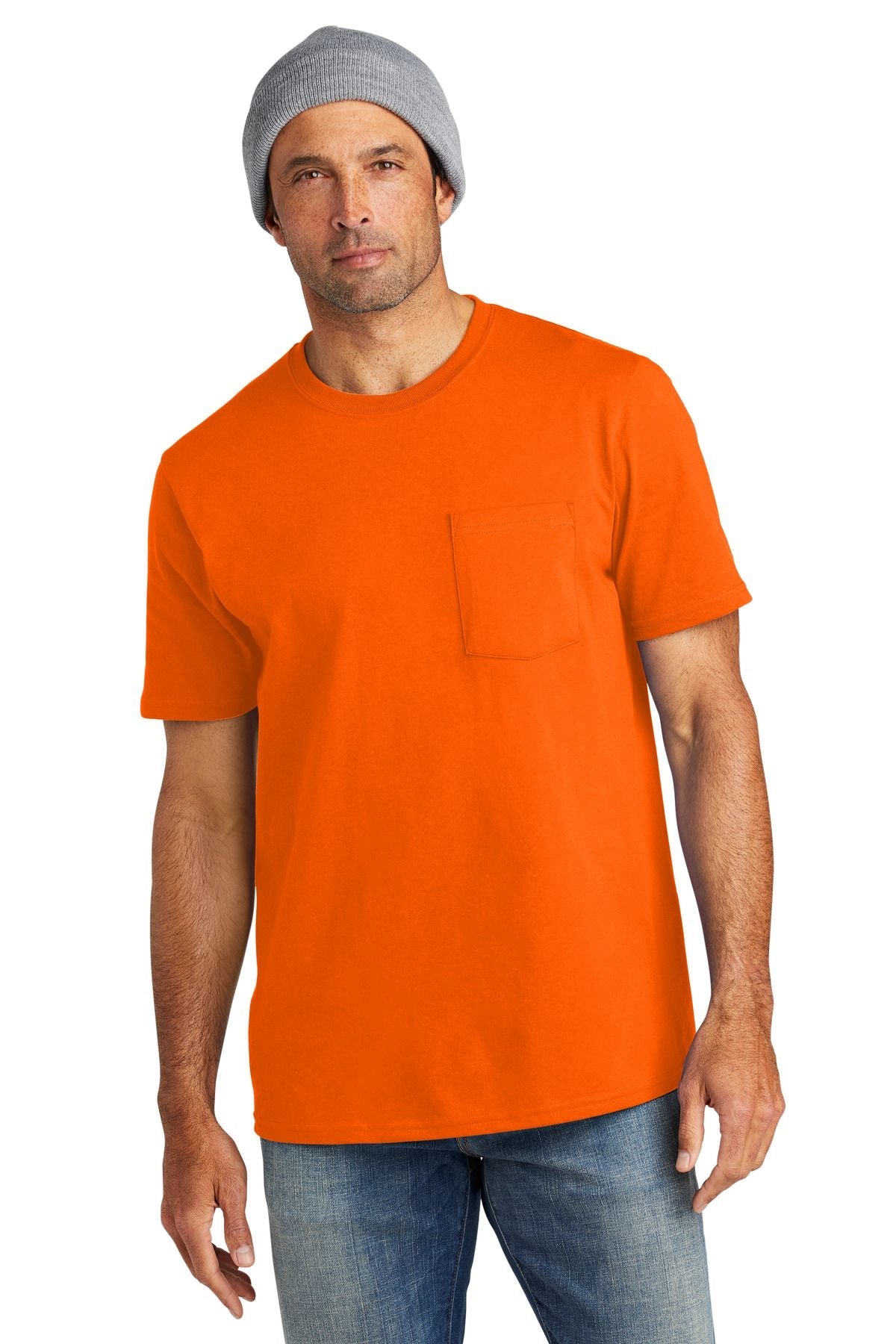 Men's orange pocket crewneck tee, short sleeve