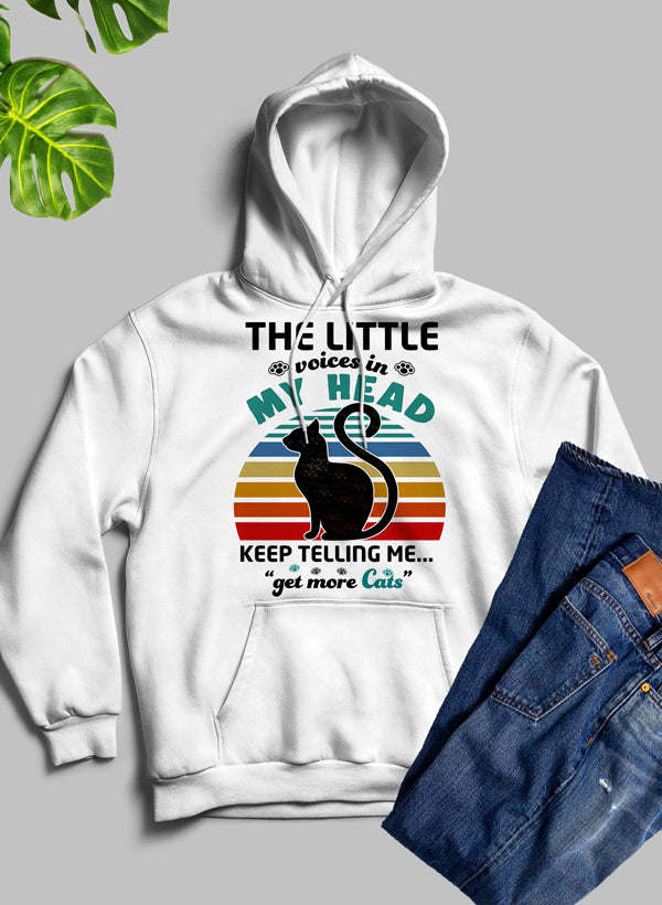 White hoodie with black cat graphic and slogan 'KEEP TELLING ME... get more Cats'