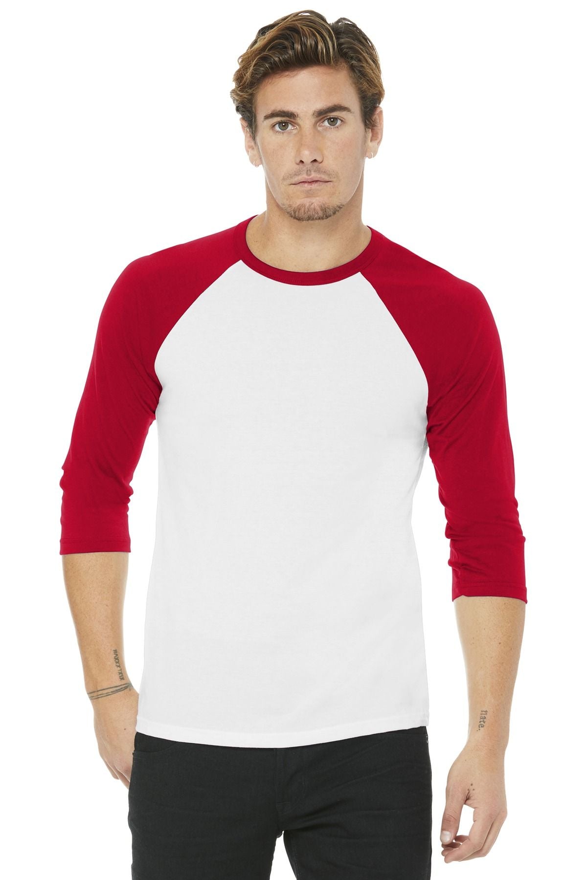 Raglan baseball tee with white body and red 3/4 sleeves plus red collar