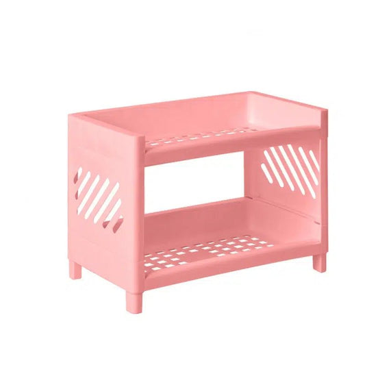 Pink double-layer mini storage rack with vented side panels and open shelves
