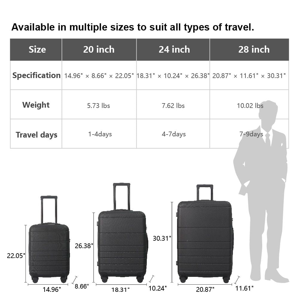 Luggage Sets ABS Hardshell 3pcs Luggage, Lightweight Durable Suitcase sets Spinner Wheels Suitcase with TSA Lock 20''24''28'' Available(Black)