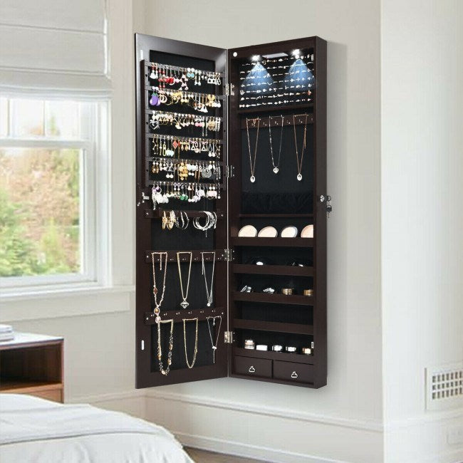 Black wall-mounted mirrored jewelry cabinet with interior jewelry display and lights