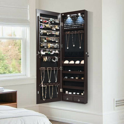 Black wall-mounted mirrored jewelry cabinet with interior jewelry display and lights