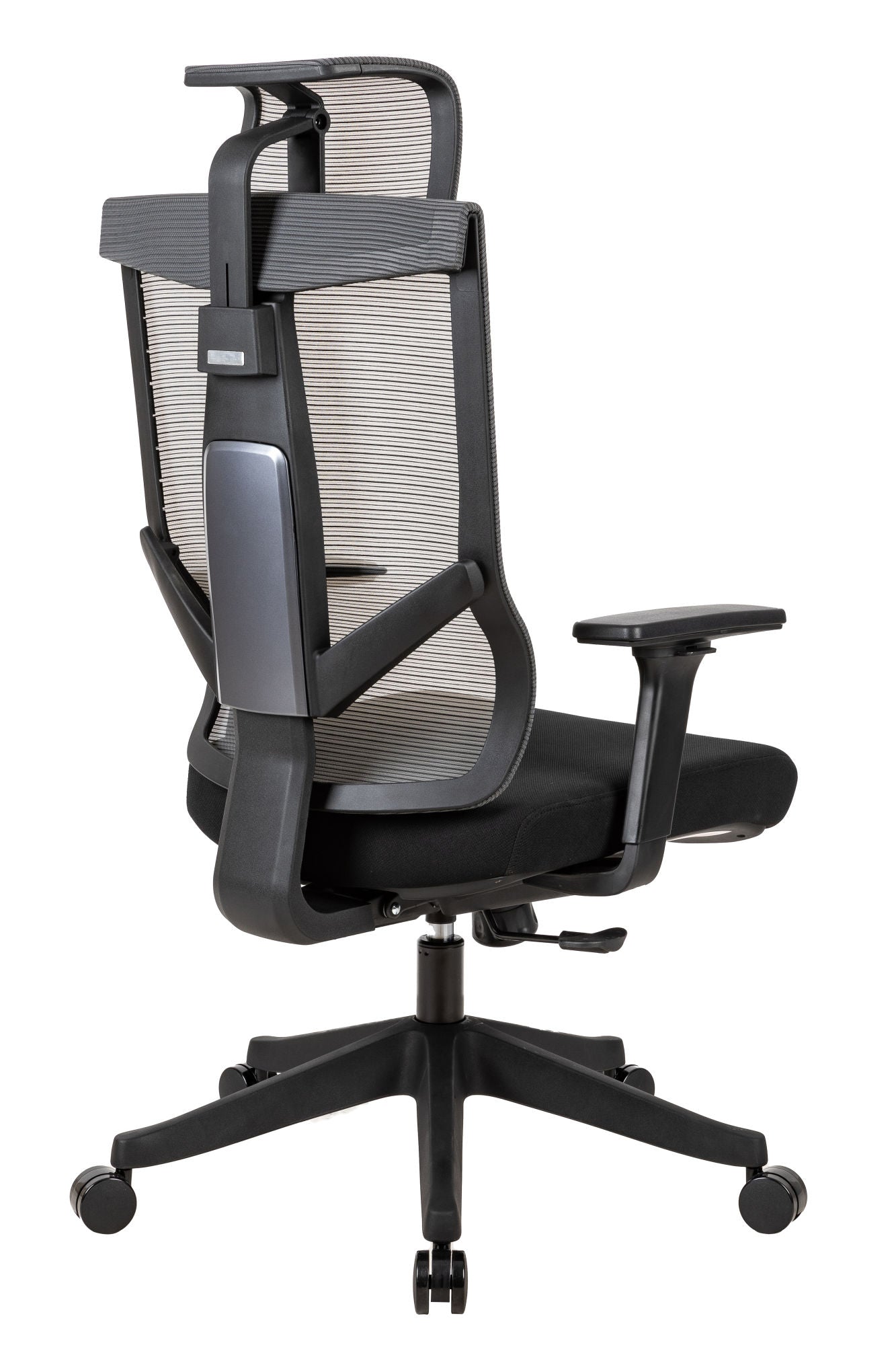 Black office chair front 3/4 view with mesh back, headrest, and padded armrests