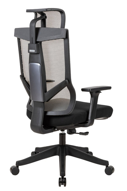 Black office chair front 3/4 view with mesh back, headrest, and padded armrests