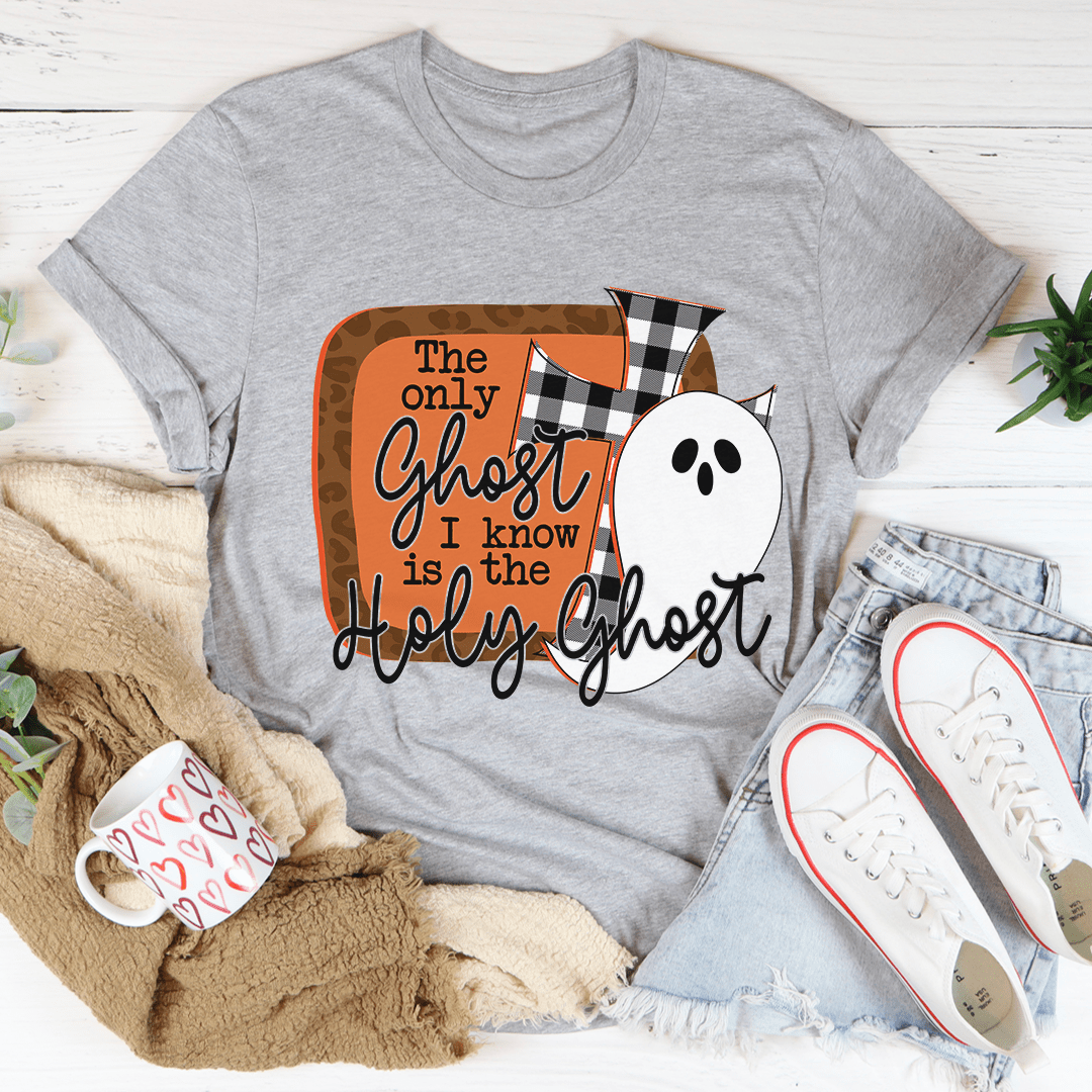 Heather gray T-shirt with cartoon ghost face and text graphic on the front.