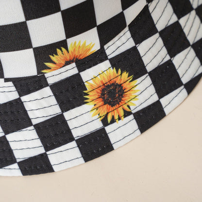 Checkerboard sunflower print bucket hat with dark brim trim