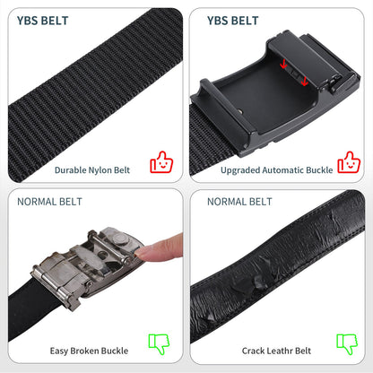 Nylon ratchet golf belt with black webbing and automatic slide buckle, close-up