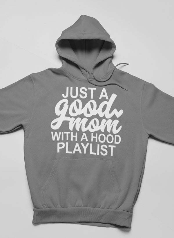Dark grey pullover hoodie with big chest text graphic and drawstring hood