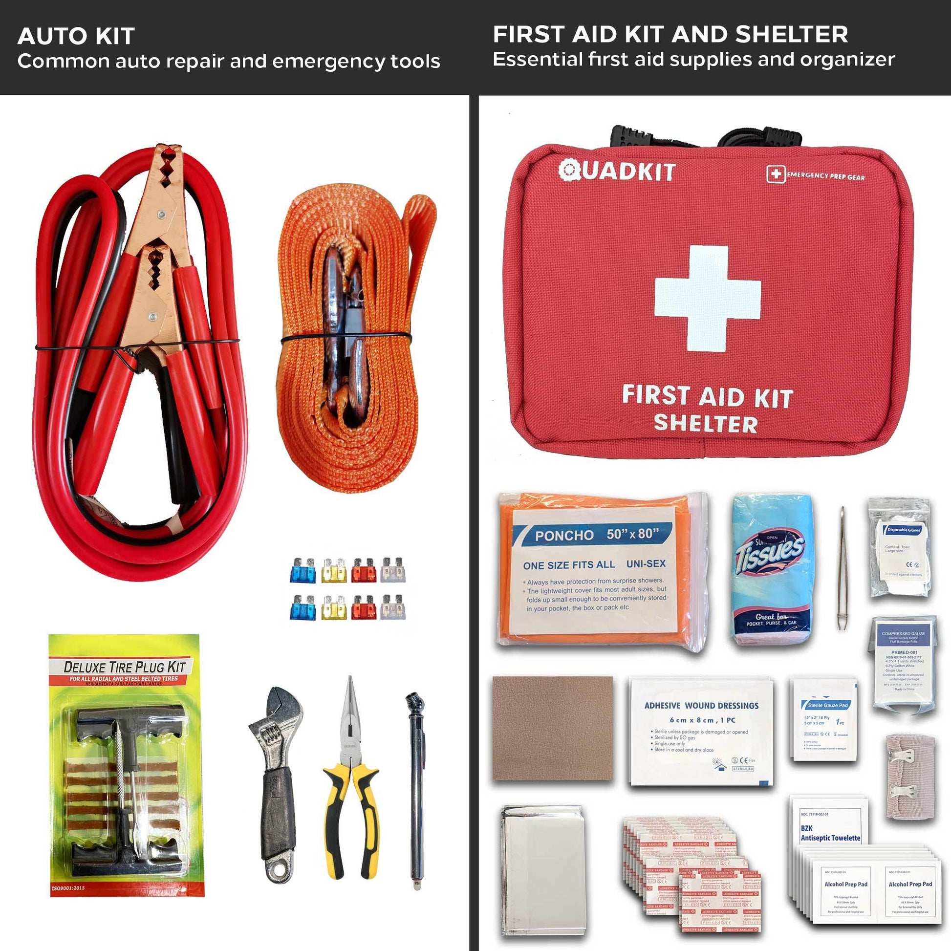 Emergency kit set showing auto repair kit tools and red first aid kit shelter pouch
