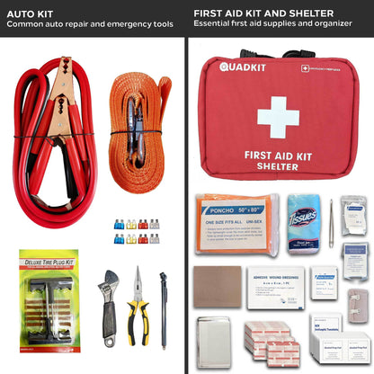 Emergency kit set showing auto repair kit tools and red first aid kit shelter pouch