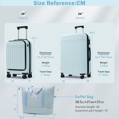 Front Opening Luggage Set 3 Piece, Hardside Carry on Suitcase with USB Port, Expandable Luggage with Handle Bag Spinner Wheels TSA Lock