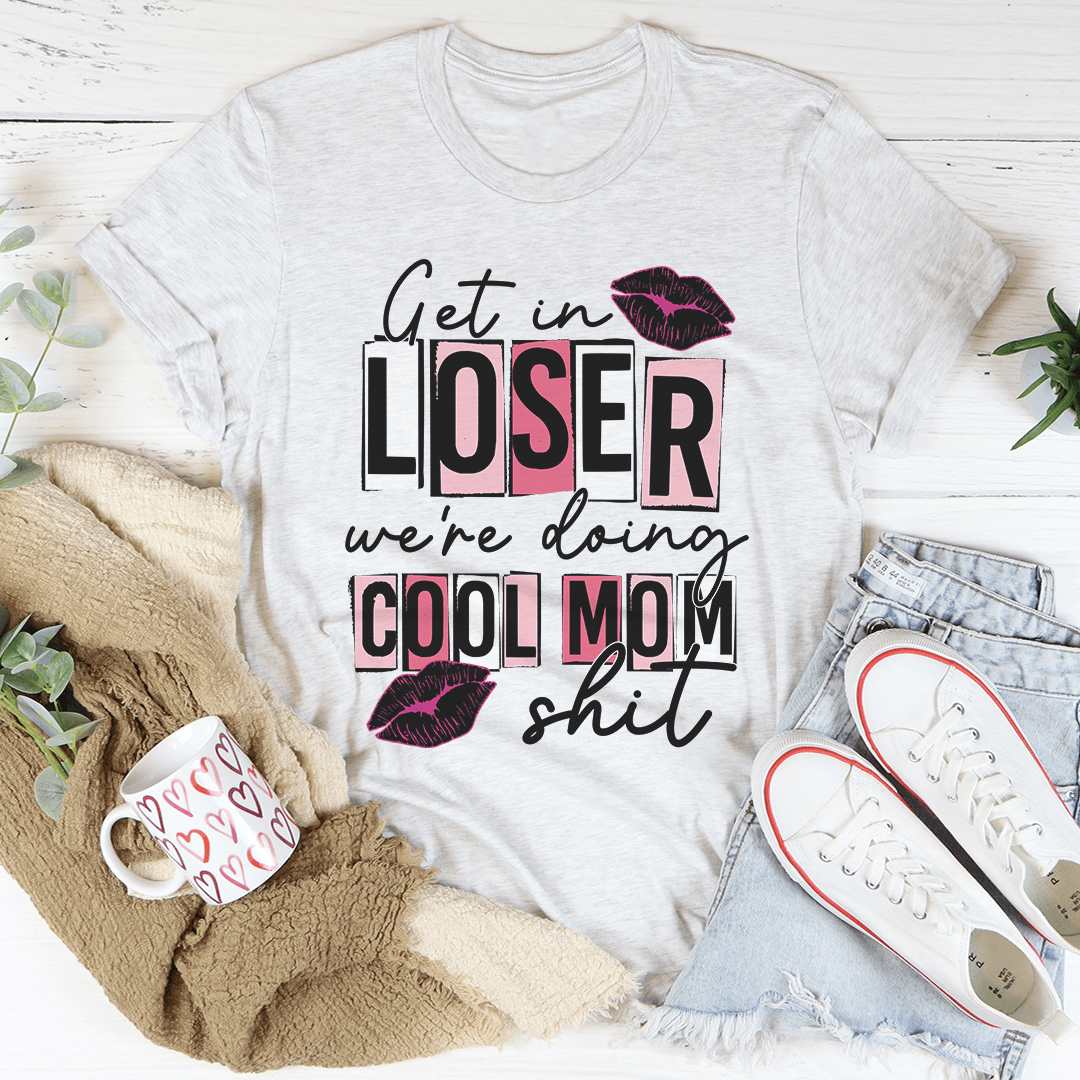Light gray T-shirt with crew-neck and 'LOSER' and 'COOL MOM' slogan graphic in black, pink, red