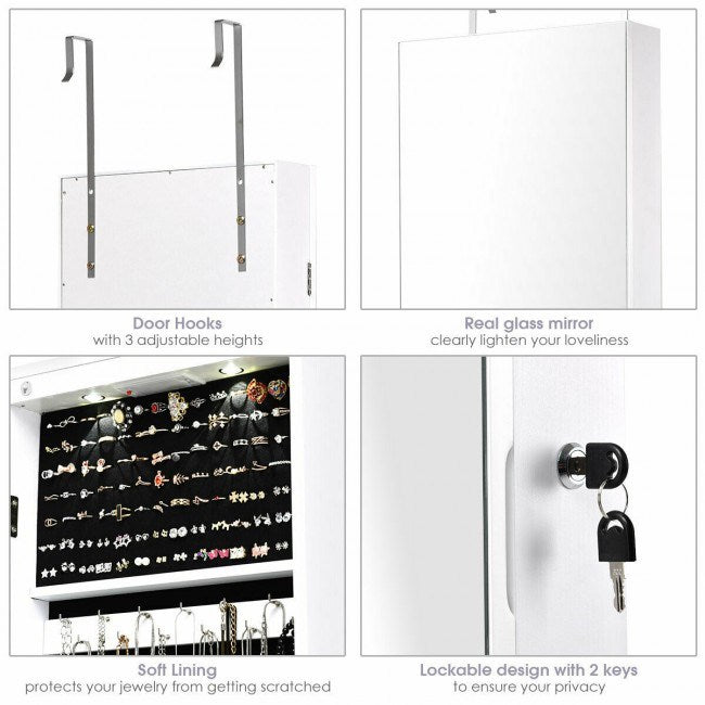 Mirrored jewelry cabinet with adjustable door hooks, soft lining, and keyed lock