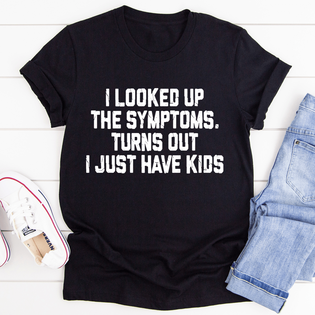 Black kids T-shirt with bold white slogan graphic about looking up symptoms