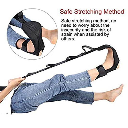 Yoga stretching support strap with ankle cuff and long band, black.