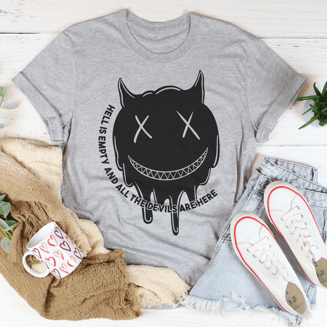 Heather gray T-shirt with black cartoon devil face graphic, short sleeves, crew neck.
