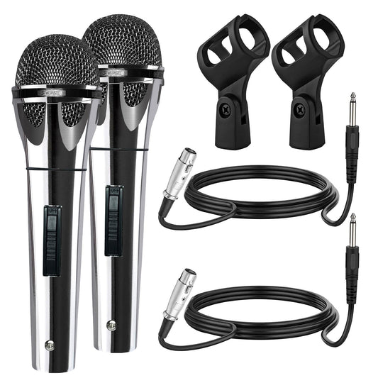 Pair of handheld wired dynamic karaoke microphones with cable and mounting clips
