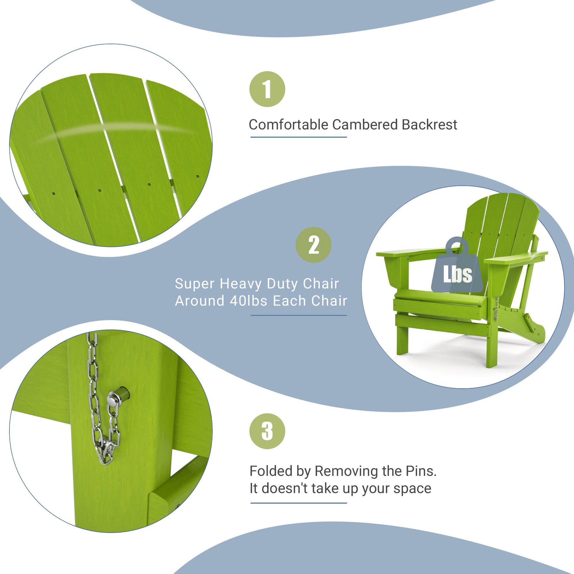 Lime green folding adirondack chair, backrest close-up and chain pin detail
