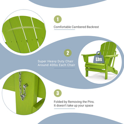 Lime green folding adirondack chair, backrest close-up and chain pin detail