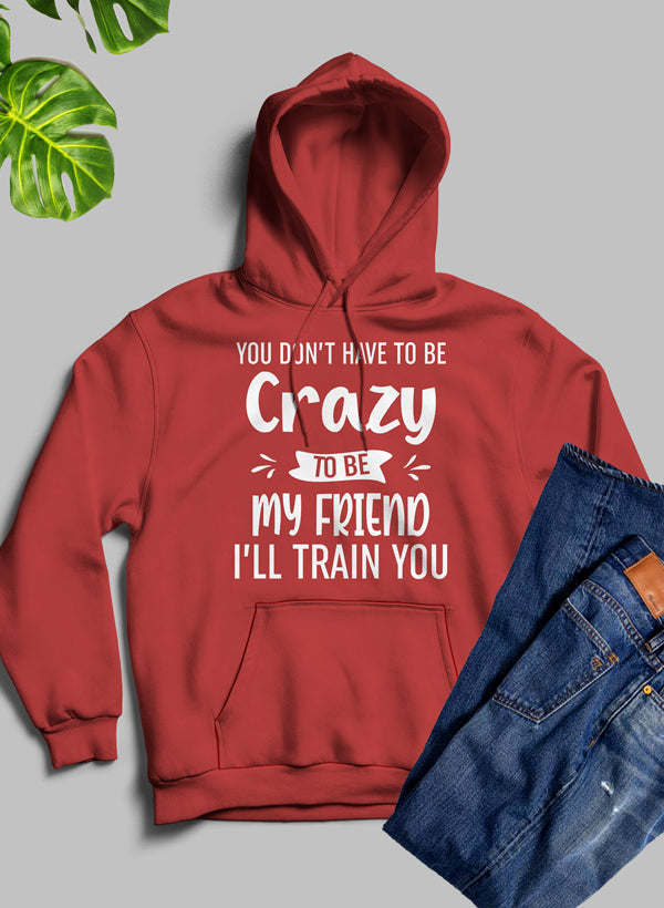 Burgundy red hoodie with "Crazy" front graphic and friend train slogan