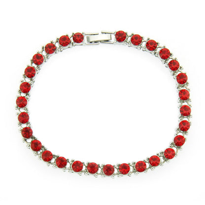 Red rhinestone link bracelet with silver-tone rectangular clasp and round stones