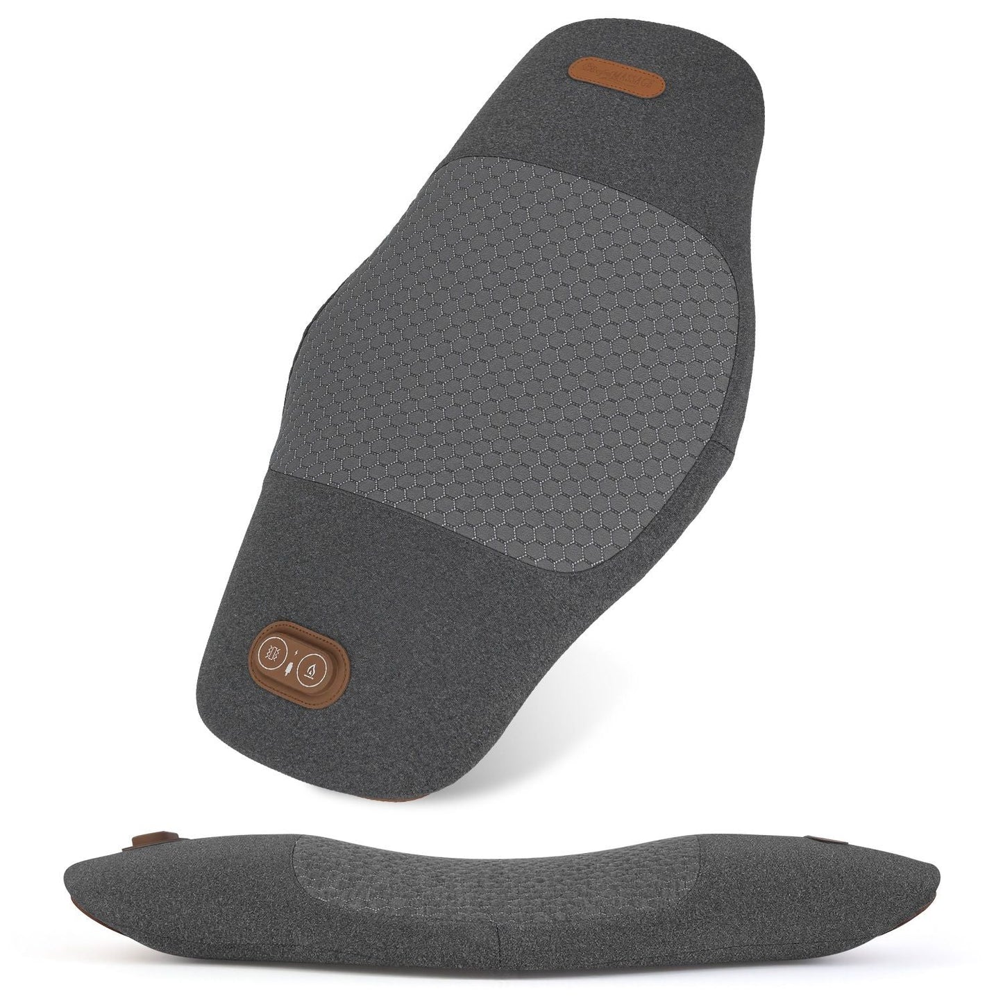 Dark grey lumbar massager pillow with curved fit and control panel buttons