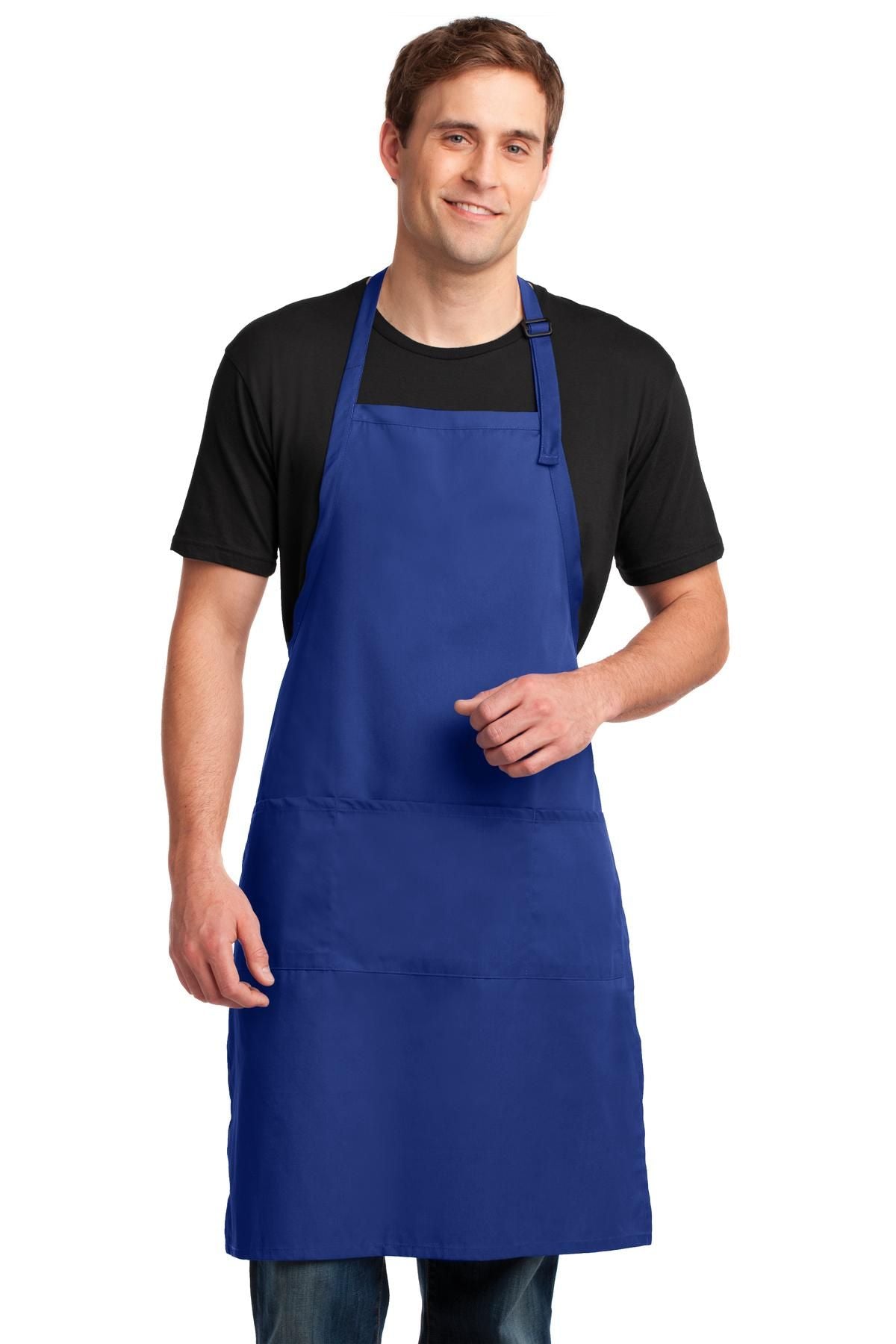 Royal blue bib apron with front pocket and adjustable neck strap