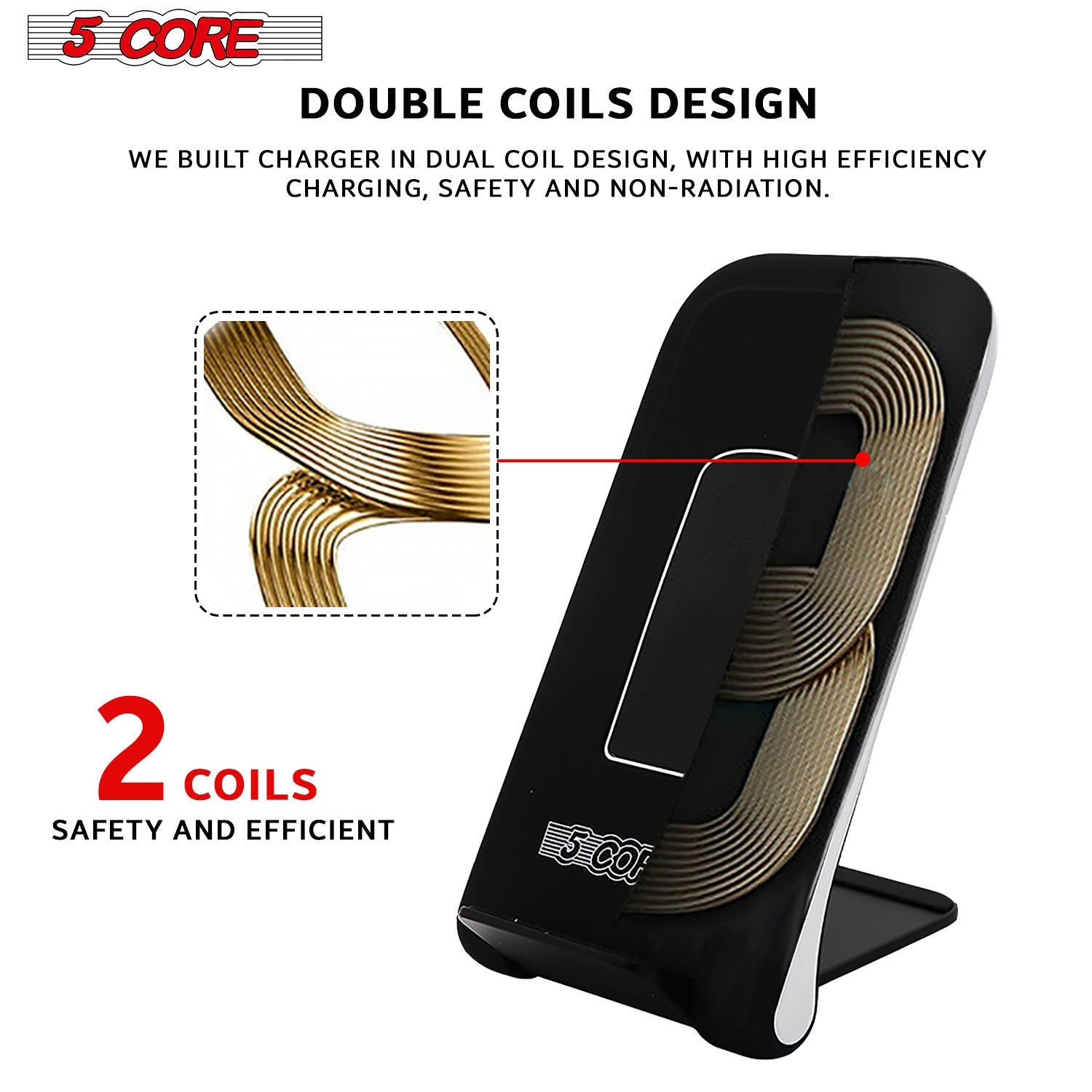 Black wireless charger stand with visible coil design lines on the back