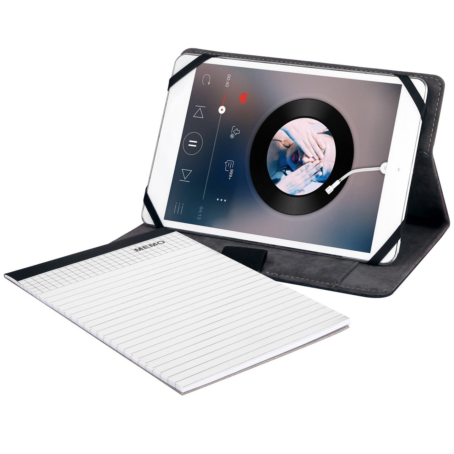 Black tablet padfolio case with stand and memo pad insert