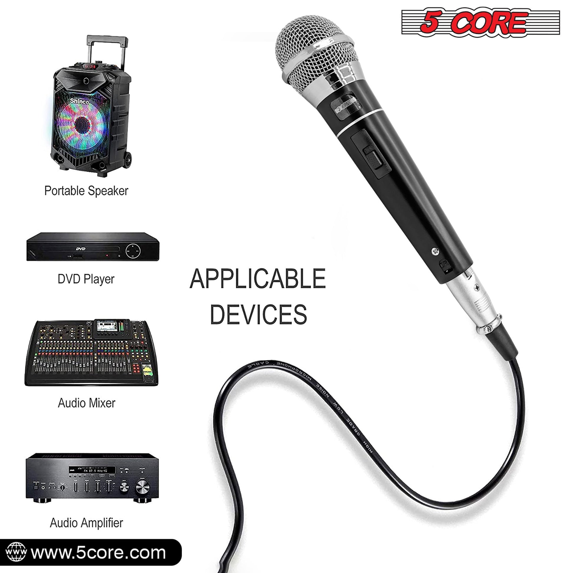 Black handheld microphone with attached cable, shown at an angle