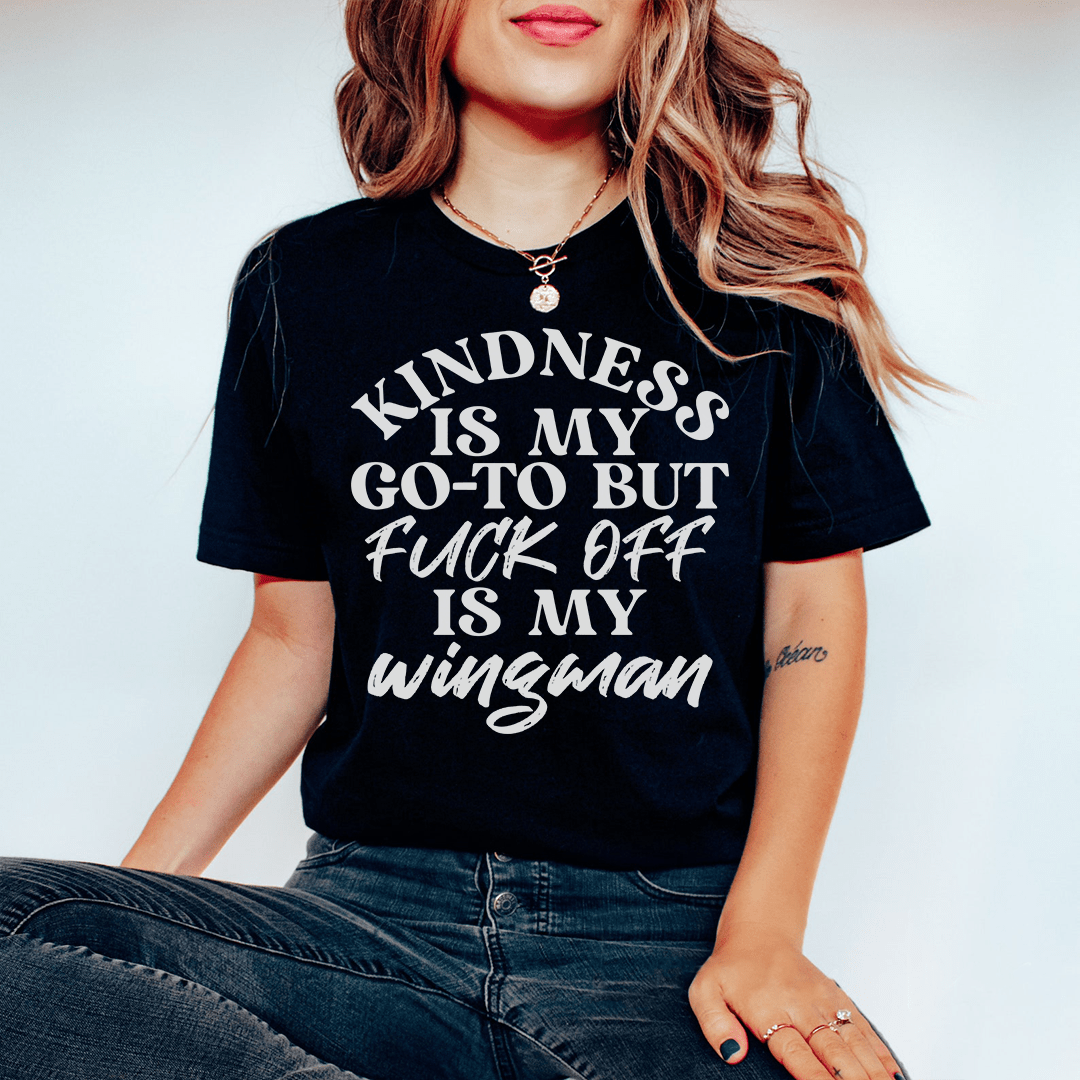 Black crewneck short-sleeve T-shirt with front "Kindness" wingman graphic