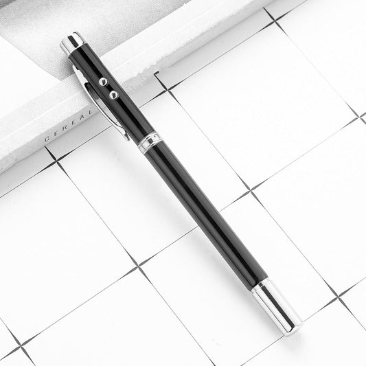 Black retractable pointer pen with silver clip and metal barrel accents